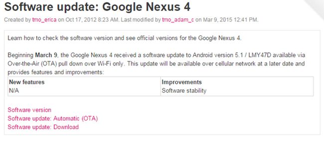 Fotografía - [Android 5.1 Montre] T-Mobile messages Android 5.1 mise à jour des documents pour Nexus 4, 5 et 7: Construire LMY47D, déploiement peut commencer aujourd'hui
